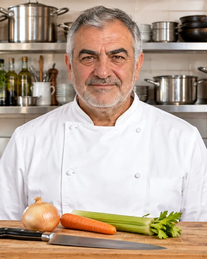 Bruno, il vecchio cuoco, con la giacca bianca dietro il banco d’acciaio della cucina, col tagliere e le verdure davanti