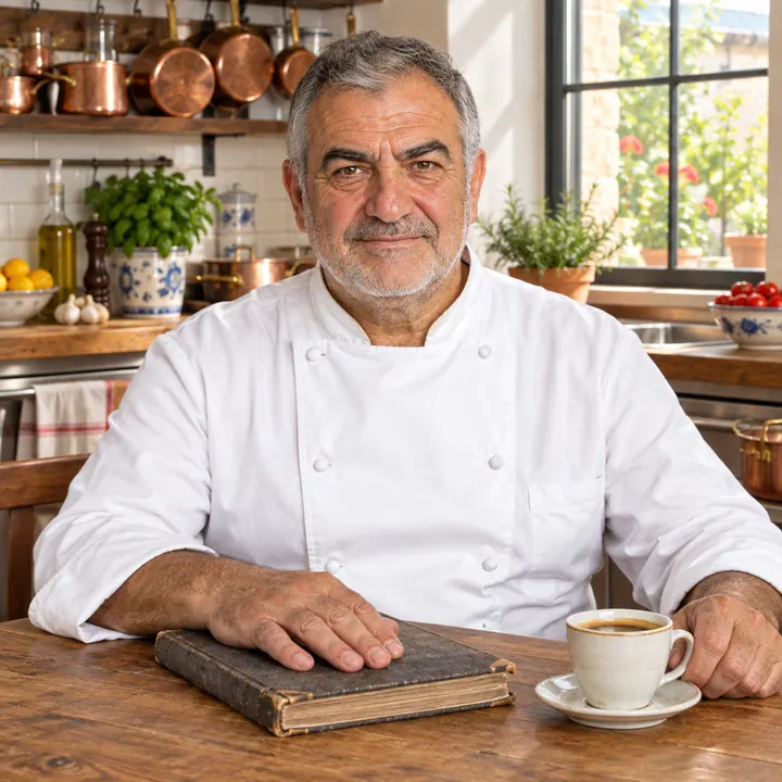 Bruno seduto al tavolo di legno della cucina, con la mano sul suo vecchio quaderno di ricette e una tazzina di caffè